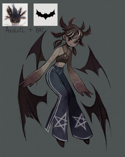 4_wings alternative_fashion blush bottomwear clothed clothing crop_top denim denim_bottomwear denim_clothing female gills goth hair jeans membrane_(anatomy) membranous_wings monster_girl_(genre) multi_wing not_furry pants pigtails shirt simple_background smile solo text topwear wings feefal amphibian animal_humanoid aquatic axolotl axolotl_humanoid bat bat_humanoid humanoid hybrid mammal mammal_humanoid mole_salamander salamander winged_humanoid digital_media_(artwork) hi_res