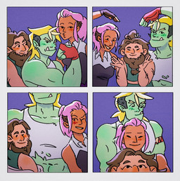beard blonde_hair clothed clothing facial_hair female fully_clothed green_body green_skin group hair humanoid_pointy_ears lips male muscular muscular_male not_furry pointy_ears simple_background topwear trio underbite bitemarx drawfee_(copyright) drawtectives grendan_highforge gyorik_rogdul rose_(drawtectives) dwarf human humanoid mammal orc comic digital_media_(artwork) nonbinary_(lore)