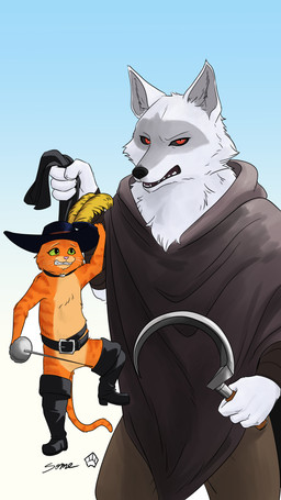 anthro belt belt_buckle boots bottomwear buckle cape clothed clothing duo facial_markings feathers footwear fur green_eyes grey_body grey_fur hat head_markings headgear headwear holding_object holding_someone holding_weapon looking_at_another looking_at_viewer male markings melee_weapon orange_body orange_fur pants partially_clothed polearm poncho red_eyes scythe shoes standing sword weapon white_body some_(someone) dreamworks puss_in_boots_(franchise) death_(puss_in_boots) puss_in_boots_(dreamworks) canid canine canis domestic_cat felid feline felis mammal wolf absurd_res digital_media_(artwork) hi_res