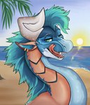 beach blue_body blue_inner_ear blue_scales curled_horn detailed_background ear_piercing ear_ring feral green_eyes hair half-closed_eyes horn licking licking_lips licking_own_lips looking_at_viewer male narrowed_eyes outside piercing pink_body pink_scales pink_tongue ring_piercing sand scales sea smile solo sun sunset teeth_showing tongue tongue_out water kuueen mythology dragon mythological_creature mythological_scalie scalie absurd_res bust_portrait digital_drawing_(artwork) digital_media_(artwork) hi_res portrait shaded