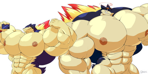 abs anthro biceps big_muscles duo fire flexing flexing_bicep huge_muscles hyper hyper_muscles male muscular muscular_male nipples nude pec_squeeze pecs size_difference penbeetle nintendo pokemon generation_2_pokemon pokemon_(species) typhlosion