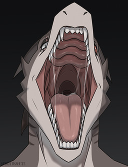 anthro bodily_fluids drooling ear_fins eye_scar eyelashes facial_scar female fin gaping_mouth grey_body grey_scales looking_at_viewer markings mouth_shot multicolored_body multicolored_scales open_mouth red_eyes saliva saliva_on_teeth saliva_string scales scar sharp_teeth solo striped_markings stripes teeth tongue two_tone_body two_tone_scales white_body white_scales spritusnocte velora_(predaking2000) aquatic fish mackerel_shark megalodon prehistoric_species shark absurd_res hi_res story story_in_description gynomorph_(lore)