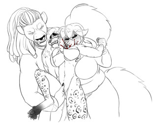 anthro black_sclera blackmail blood bodily_fluids breasts dreadlocks female female/female female_pred female_prey fingering forced genitals gore group hair hard_vore ponytail size_difference slightly_chubby spots vore vulva canid canine canis felid hybrid hyena jaguar lion mammal pantherine spotted_hyena wolf hi_res