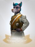 anthro armor blue_hair clothing exclamation_point eyebrows fur gold_(metal) green_eyes hair heterochromia inner_ear_fluff lightning_bolt looking_at_viewer male medal military military_uniform prussian purple_body purple_fur simple_background solo tattoo text tuft uniform yellow_nose thepimpartist canid canine canis domestic_dog mammal 2020 english_text half-length_portrait hi_res portrait traditional_media_(artwork)