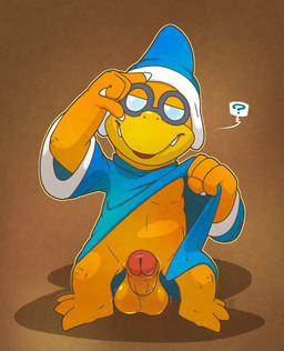 adjusting_glasses balls clothing eyewear genitals glasses hat headgear headwear male navel nipples penis presenting presenting_penis question_mark robe robe_lift solo argon_vile mario_bros nintendo kamek koopa magikoopa scalie hi_res