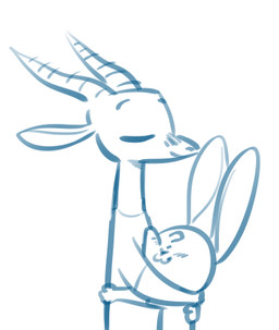 :3 ?_face ambiguous_gender anthro blush clothed clothing duo eyes_closed facial_markings head_markings horn hug markings simple_background smile white_background fuel_(artist) anon chico_(fuel) antelope bovid gazelle lagomorph leporid mammal rabbit 2018 blue_and_white low_res monochrome