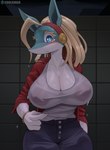 anthro big_breasts blonde_hair blue_eyes bodily_fluids breasts cleavage clothed clothing curvy_figure female fully_clothed hair huge_breasts looking_at_viewer nipples shirt solo sweat sweating_profusely topwear translucent translucent_clothing wet wet_clothing wet_shirt wet_topwear wide_hips cooliehigh my_hero_academia ippan_josei canid canine fox human mammal quirked_human_(my_hero_academia) 2023 hi_res