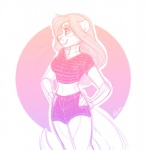 anthro bottomwear clothing female hair hands_on_hips long_hair midriff shirt shorts smile solo standing topwear strawberryneko mammal mustelid otter 2017 digital_media_(artwork)