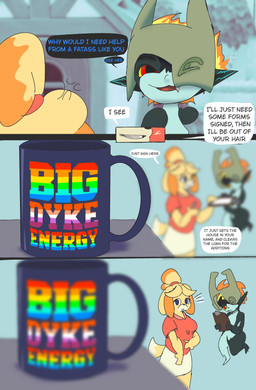 anthro armor breasts clothed clothing container crossover_ship cup dialogue duo female female/female fur hair headgear headwear helmet insult insulting_another mean mug pointy_ears red_eyes rude shortstack slur smug smug_face smug_grin speech_bubble tail text thought_bubble yellow_body yellow_fur globaldonut34 animal_crossing nintendo the_legend_of_zelda twilight_princess isabelle_(animal_crossing) midna canid canine canis domestic_dog humanoid imp mammal shih_tzu toy_dog absurd_res comic crossover digital_media_(artwork) english_text hi_res