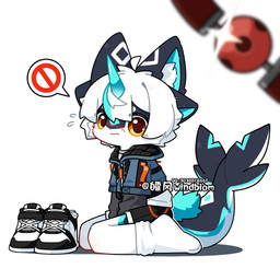 4_ears anthro ball_gag belt black_body black_bottomwear black_clothing black_ears black_fur black_shorts black_sleeves blue_clothing blue_hoodie blue_horn blue_inner_ear blue_jacket blue_markings blue_topwear blush blush_lines bodily_fluids bottomwear cetacean_tail clothed clothing discarded_footwear emanata facial_tuft feet foot_fetish footwear fur gag gesture hair hoodie horn inner_ear_fluff jacket legwear looking_at_viewer male markings multi_ear nervous orange_belt orange_straps questionable_consent shirt shoe_fetish shoes shoes_removed shorts simple_background sneakers sock_fetish socks solo speech_bubble straps streetwear suggestive suggestive_gesture sweat sweatdrop techwear text topwear tuft white_background white_body white_clothing white_fur white_hair white_inner_ear_fluff white_markings white_shirt white_topwear yellow_eyes young young_anthro young_male windbiom hefeng_character aquatic cetacean furred_cetacean mammal 1:1 artist_name hi_res signature watermark