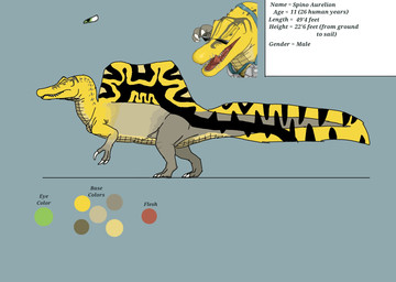 feral grey_legs grey_tail head_markings male markings multicolored_body sail_(anatomy) solo spino_aurelion standing tail text tongue tongue_out yellow_body yellow_tail gojifan747 dinosaur prehistoric_species reptile saurischian scalie spinosaurid spinosaurus theropod english_text hi_res model_sheet