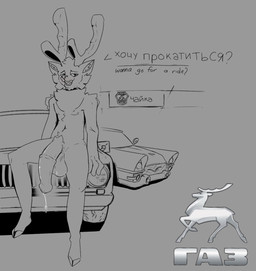animal_genitalia animal_penis anthro antlers balls car equine_genitalia equine_penis genitals hooves horn male nude penis solo text vehicle wrigglywormz gaz-14_chaika gaz_volga volga_24 deer mammal english_text hi_res line_art russian_text translated