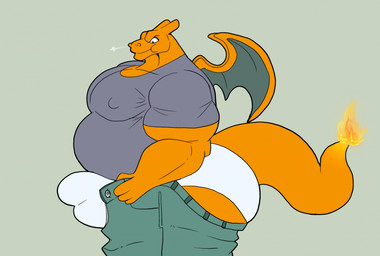 anthro belly big_belly bottomwear bulge clothing male musclegut muscular muscular_arms orange_body pants shirt solo struggling_to_fit tail topwear underwear wings mc_morrales nintendo pokemon charizard generation_1_pokemon pokemon_(species) scalie hi_res