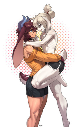 5_fingers anthro blue_eyes bottomwear brown_body brown_fur brown_hair brown_tail choker clothed clothed_anthro clothed_male clothing dolphin_shorts duo eye_contact femboy fingers fully_clothed fully_clothed_anthro fully_clothed_male fur hair horn jewelry looking_at_another male male/male necklace pants pink_eyes shorts side_view simple_background smile tail topwear white_body white_fur white_hair white_tail pgm300 julian_(tserossa) lagomorph leporid mammal rabbit 2025 absurd_res digital_media_(artwork) hi_res
