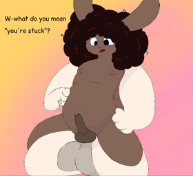 abdominal_bulge afro anthro balls belly big_belly bodily_fluids brown_body cum cum_inflation cum_inside duo femboy genital_fluids genitals humanoid_genitalia humanoid_penis inflation knotting male navel nipples paws penetration penile penile_penetration penis riding stuck_together abyss_arts canid canine canis domestic_rabbit dwarf_rabbit lagomorph leporid mammal oryctolagus rabbit wolf