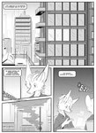 absurd_res ambiguous_gender anthro black_and_white braun_(kifyun2) canid canine city city_background cityscape clothed clothing comic dialogue duo english_text fox hi_res inner_ear_fluff inside kifyun2 male mammal monochrome outside simple_background sitting speech_bubble text tuft