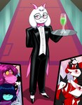 alternate_costume ambiguous_gender anthro beverage black_tie_(suit) blush bow_tie butler carpet classy clothing eyes_closed eyeshadow eyewear female footwear gesture glass glasses group hand_gesture happy horn makeup male obscured_eyes ok_sign pink_eyes pink_eyeshadow platter praying shocked shoes smile spats suit thumbs_up crovirus deltarune just_right undertale_(series) kris_(deltarune) lancer_(deltarune) ralsei susie_(deltarune) bovid caprine goat human mammal monster reptile scalie swatchling absurd_res hi_res meme