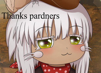 :3 ambiguous_gender anthro black_eyebrows black_text blush cat_smile clothed clothing cowboy_hat cowboy_outfit dialogue eyebrows fur grey_hair hair hat headgear headwear kerchief looking_at_viewer neckerchief neckwear photo_background polka_dot_clothing polka_dots red_kerchief red_neckerchief smile solo tan_body tan_fur text whiskers smugbuns made_in_abyss nanachi lagomorph mammal narehate 2022 english_text mixed_media photography_(artwork) reaction_image