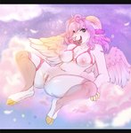 anthro anus blue_eyes bottomless breasts chest_harness chest_tuft clitoral_hood clitoris clothed clothing cloud cloven_hooves eyelashes feathered_wings feathers female fur genitals hair harness heart_eyes heart_symbol hooves horn legwear navel nipples one_eye_closed open_mouth open_nipple_bra pink_nipples purple_hair pussy sitting solo tongue tuft white_body white_fur wings belsnep nathalia_rosebraid bovid caprine goat mammal digital_media_(artwork) full-length_portrait hi_res portrait shaded