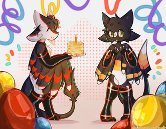 4_ears anthro armwear balloon birthday birthday_cake black_body black_clothing black_feathers black_fur cake candle clothing dessert duo eyes_closed feathered_wings feathers food fur green_eyes inflatable latex legwear male multi_ear multicolored_body orange_body red_body red_feathers simple_background smile tail white_body white_feathers winged_arms wings strawberrynightmilk gigamen neki avali avian