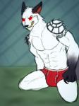 3:4 abs bulge clothing fist fur kneeling male muscular muscular_male red_eyes simple_background solo spirit.wolf. tattoo underwear white_body white_fur