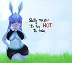 anthro anthrofied big_breasts blue_body blue_hair blush bodily_fluids bottomwear breasts breath clothing dialogue female grass hair navel plant pokemorph shorts simple_background solo sweat text tongue tongue_out white_eyes nebssik nintendo pokemon canid eeveelution generation_4_pokemon glaceon mammal pokemon_(species) 2021 absurd_res english_text hi_res