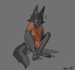 clothed clothing embarrassed erection erection_under_clothing erection_under_shirt eyewear glasses hiding_erection male shirt shy simple_background sitting solo topwear zucchinifuzz canid canine mammal hi_res