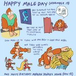 anthro banana female food fruit group happy_birthday health male mens_day muscular muscular_male pecs plant text shesamonkey donkey_kong_(series) nintendo diddy_kong dixie_kong donkey_kong_(character) kiddy_kong wrinkly_kong ape barbary_macaque gorilla haplorhine kong mammal monkey primate 1:1 english_text pillarbox