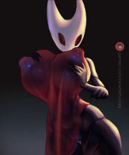 anthro big_breasts big_nipples black_body breast_fondling breast_play breasts clothing erect_nipples female fondling genitals glowing glowing_genitalia hand_on_breast holding_breast huge_breasts huge_nipples nipples self_fondle solo translucent translucent_clothing vulva caramelhooves hollow_knight_(franchise) team_cherry hornet_(hollow_knight) arthropod insect 5:6 absurd_res hi_res