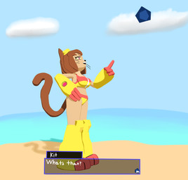 4_fingers anthro beach bikini bikini_bralette biped black_nose blue_sky breasts brown_body brown_fur brown_hair brown_tail clothing cloud dialogue eyebrows eyelashes eyewear eyewear_on_head fangs female fingers fur gesture goggles goggles_on_head hair hand_gesture hand_on_hip looking_at_object narrowed_eyes outside pentagon_(shape) pointing sky solo squint swimwear tail teeth text two-piece_swimsuit whiskers yellow_sclera bull3t gameoverse glitch_productions kit_bodega domestic_cat felid feline felis mammal digital_media_(artwork) english_text hi_res