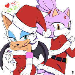 anthro bat_wings belt big_ears breasts christmas_clothing christmas_headwear cleavage clothed clothing duo female gloves handwear hat headgear headwear holidays makeup membrane_(anatomy) membranous_wings santa_hat smile tail teasing wings innotsu christmas sega sonic_the_hedgehog_(series) blaze_the_cat rouge_the_bat bat domestic_cat felid feline felis mammal 1:1 hi_res