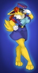 aakashi anthro anthrofied barefoot belt big_breasts biped bottomwear breasts chest_tuft clothing eeveelution feet female fur furgonomics generation_1_pokemon gloves hair handwear jolteon nintendo pokemon pokemon_(species) pokemorph red_hair skirt solo tail tail_through_skirt tuft uniform