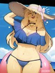 anthro bikini black_nose blonde_hair blue_bikini blue_clothing blue_eyes blue_swimwear breasts choker cleavage clothed clothing cloud emanata eyewear female glasses hair hat hat_bow hat_ribbon headgear headwear inflatable inner_tube jewelry long_hair navel necklace one_eye_closed open_mouth open_smile pink_inner_tube round_glasses side-tie_bikini sky smile solo straw_hat string_bikini sun_hat swimwear text thigh_gap two-piece_swimsuit water wearing_glasses yellow_body 00niine liz_(00niine) canid canine canis domestic_dog mammal 2023 3:4 absurd_res artist_name hi_res signature