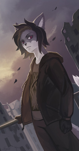 alternative_fashion anthro black_body black_clothing black_fur black_hair black_hands black_hoodie black_nose black_shirt black_topwear building claws clothing dipstick_tail dystopia dystopian emo fur grey_body grey_clothing grey_ears grey_fur grey_shirt grey_tail grey_topwear hair handrail handrailing hoodie inner_ear_fluff magenta_eyes male markings purple_eyes ruined_building shirt sky solo tail tail_markings tasogamaart topwear tuft white_body white_fur white_inner_ear_fluff white_tail zipper sona_(sonadourge) felid feline mammal hi_res