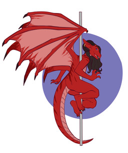 anthro dancing hair horn looking_at_viewer male membrane_(anatomy) membranous_wings nude pole pole_dancing smile solo tail wings faint mythology blazer_flamewing dragon mythological_creature mythological_scalie scalie