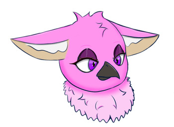 anthro beak eyelashes eyeshadow female highlights_(coloring) inner_ear_fluff makeup neck_tuft pink_body purple_eyes solo tuft basaltara mythology kayleigh_(basaltara) avian gryphon mythological_avian mythological_creature headshot_portrait hi_res portrait