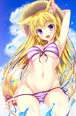 5_fingers bikini bikini_bottom bikini_top blonde_hair blush breasts clothed clothing cloud day female fingers hair hat headgear headwear long_hair looking_at_viewer low-angle_view navel outside purple_eyes solo straw_hat swimwear two-piece_swimsuit water tateha animal_humanoid canid canid_humanoid humanoid mammal mammal_humanoid 2015 digital_media_(artwork) shaded