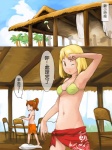 3:4 amber_eyes beach bikini blonde_hair breasts building chair chinese_text cloth clothed clothing cloud comic detailed_background dialogue dish duo_focus female food furniture group hair human long_hair looking_at_viewer mammal navel one_eye_closed open_mouth outside palm_tree plant ponytail raised_arm red_hair seaside skimpy sky smile swimwear table text translated tree vu06