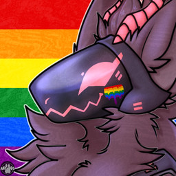 2_horns ambiguous_gender anthro fur grey_body grey_fur horn lgbt_pride machine pride_color_background pride_colors rainbow_pride_colors screen screen_face simple_background solo artsbvg zyphi protogen 1:1 headshot_portrait low_res portrait