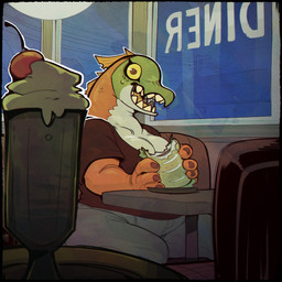 anthro beverage black_border border bottomwear breasts cherry clothing detailed_background diner female fin food fruit inside milkshake multicolored_body multicolored_scales non-mammal_breasts open_mouth open_smile orange_body orange_scales overweight overweight_anthro overweight_female pants plant power_lines restaurant scales shirt sitting smile solo teeth topwear yellow_sclera titanogoro olympia_(titanogoro) fish marine salmon salmonid_(fish) 1:1 2025 absurd_res digital_media_(artwork) hi_res portrait three-quarter_portrait