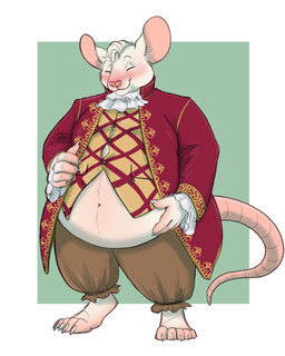 anthro ascot belly biped blush button_(fastener) classy claws clothed clothing digitigrade exposed_belly eyes_closed fur hair hand_on_belly historical_european_clothing male navel obese obese_anthro obese_male overweight overweight_anthro overweight_male rococo_clothing smile solo standing straining_buttons toe_claws white_body white_fur white_hair palehorntea imrich_sykora mammal mouse murid murine rodent 4:5 hi_res