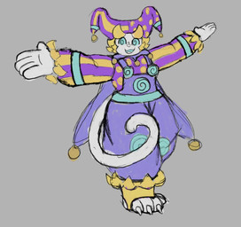 anthro blonde_hair claws clothed clothing footwear fur hair heelless_footwear jester jester_outfit male overalls purple_clothing smile solo spiral spiral_eyes toe_claws toeless_footwear white_body white_fur yellow_clothing blankitty helix_(blankitty) haplorhine mammal monkey primate absurd_res hi_res