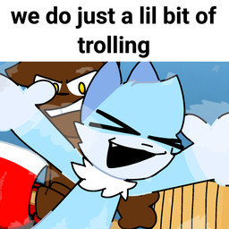 >_< angry anthro axe black_text blue_body blue_fur brown_body brown_fur cheering duo eyes_closed fur happy male spread_arms text toony yellow_eyes dastarman we_do_a_little_trolling ethan_(dastarman) miles_(dastarman) canid canine fox lagomorph leporid mammal rabbit 1:1 digital_drawing_(artwork) digital_media_(artwork) english_text hi_res meme