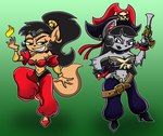 anthro black_hair black_lips cosplay duo female fire flintlock_pistol gradient_background green_eyes grey_body hair hand_on_hip harem_outfit jewelry lips magic midriff pirate_outfit pose purple_eyes simple_background smile standing tan_body shinragod nickelodeon shantae_(series) t.u.f.f._puppy wayforward elizabeth_malmsteen kitty_katswell risky_boots shantae bat domestic_cat felid feline felis mammal 2014 colored shaded