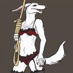 anthro biped bra brown_background claws clothing dominant dominant_female fangs female femme_fatale fur garter_straps grey_background lingerie looking_at_viewer navel noose red_eyes red_sclera rope scar simple_background solo standing tattoo teeth underwear white_body white_fur anapnea nuit_(anapnea) canid canine canis jackal mammal 1:1 2014 portrait three-quarter_portrait