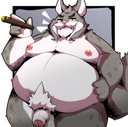 anthro balls barazoku bedroom_eyes belly big_belly brown_eyes cigar eyebrows fur genitals grey_body grey_fur hand_on_side holding_cigar holding_object holding_side looking_at_viewer male manly markings mature_anthro mature_male moobs musclegut muscular muscular_anthro muscular_arms muscular_male muscular_thighs narrowed_eyes nipples nude nude_anthro nude_male overweight overweight_anthro overweight_male penis pose presenting presenting_body presenting_penis pubes seducing_viewer seductive smoking smoking_cigar solo spots spotted_body spotted_fur spotted_markings standing tail thick_arms thick_eyebrows thick_thighs white_body white_fur white_pubes kusosensei disney zootopia milton_lynxley canada_lynx felid feline lynx mammal hi_res