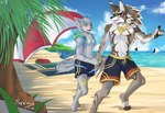 anthro beach blush brown_body brown_fur bulge clothing duo ear_piercing fur gold_(metal) gold_jewelry grey_body grey_fur jewelry looking_at_another male piercing sand sea seaside swimming_trunks swimwear tail water white_body white_fur tea_reid lifewonders tokyo_afterschool_summoners seth_(tas) canid canine canis jackal mammal absurd_res hi_res