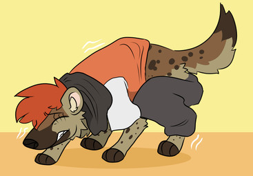 clothed clothing feral mid_transformation shrinking side_view size_transformation solo transformation captaincronus hyena mammal digital_media_(artwork) full-length_portrait portrait