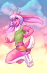 anthro antlers bottomwear buckteeth butt clothing feet femboy floppy_ears fur green_clothing green_eyes green_shirt green_topwear grey_hair hair horn kneeling long_ears looking_at_viewer looking_back lop_ears male midriff neck_tuft open_mouth orange_bottomwear orange_clothing orange_shorts pink_body pink_fur pink_nose pink_tail pose purple_butt scut_tail shirt short_tail shorts solo tail teeth topwear tuft white_feet white_tail white_tuft lockworkorange arashi_kumo deer domestic_rabbit hybrid jackalope lagomorph leporid lop_rabbit mammal oryctolagus rabbit digital_media_(artwork) hi_res pinup shaded