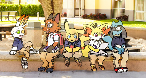 ambiguous_gender anthro backpack black_body black_fur book bottomwear cellphone chatting clothing dialogue ear_piercing electronics female footwear fur furgonomic_bottomwear furgonomic_footwear furgonomics group hair hair_bun holding_object male open_mouth orange_body orange_fur outside pen phone photo_background piercing red_cheeks school school_uniform sitting smartphone student tan_body tan_fur uniform white_body white_fur writing_text yellow_body yellow_fur flrnfluff nintendo pokemon canid canine fennekin fox generation_1_pokemon generation_4_pokemon generation_6_pokemon generation_8_pokemon lagomorph leporid mammal nickit pikachu pokemon_(species) rabbit riolu scorbunny hi_res photography_(artwork)